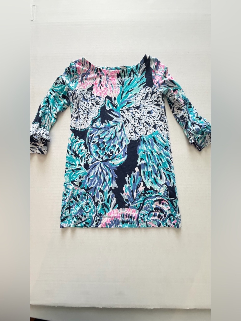 Lilly Pulitzer Girls Navy, Teal & Pink Tropical Print Casual Dress XS